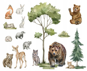 Naklejki na ścianę LAS drzewa forest zwierzęta L
