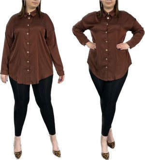 Koszula Satynowa Z Kołnierzykiem Brązowa Plus Size Wawa Uni