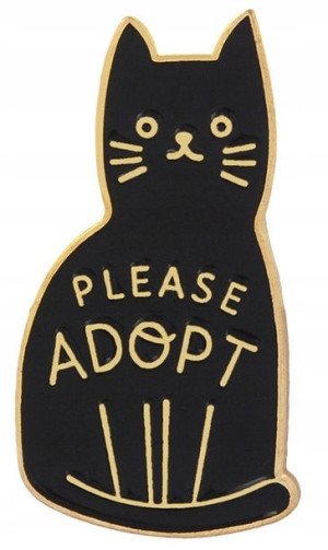 PINS przypinka czarny złoty kot PLEASE ADOPT