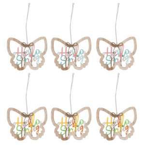 Komplet 6x Zawieszka Drewniana Motyl Hello Spring 14,5x12/23 Cm