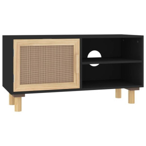 Stolik pod TV, czarny, 80x30x40 cm, drewno sosnowe i rattan