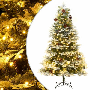 Choinka z lampkami LED i szyszkami, zielona, 225 cm, PVC i PE