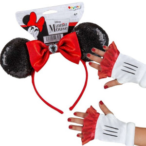 Cekinowa opaska do włosów Uszy Myszki Minnie z kokardką oraz Rękawiczki bez