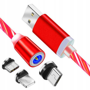 Świecący Magnetyczny Kabel Usb 3w1 Czerwony