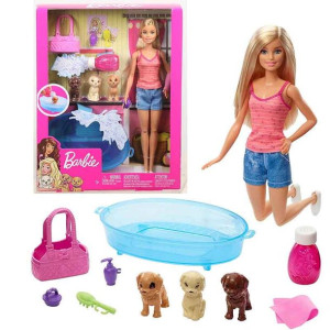 BARBIE Zestaw Kąpiel Piesków LALKA +3 PIESKI GDJ37