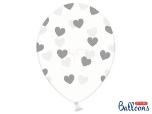 balony 30 cm - srebrne serduszka - crystal clear - 6 szt.