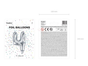 balon foliowy cyfra "4" cztery - 35 cm - srebrny