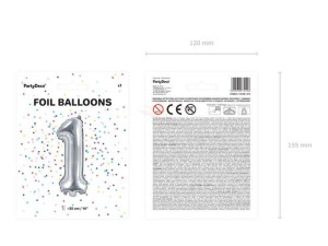 balon foliowy cyfra "1" jeden - 35 cm - srebrny