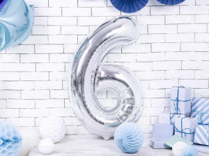balon foliowy cyfra "6" sześć - 86 cm - srebrny