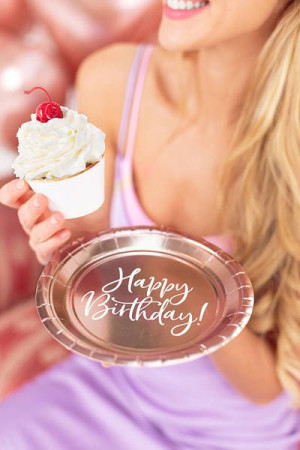 Talerzyki Happy Birthday - Różowe Złoto - 18 Cm - 6 Szt.