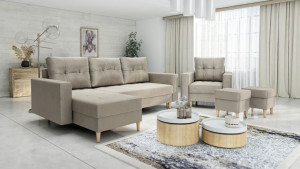 Zestaw wypoczynkowy Scandi - narożnik, fotel + 2 pufy