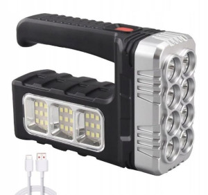Latarka turystyczna, akumulatorowa, panel słoneczny, Srebrna, 8x LED, USB
