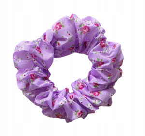 Gumka Scrunchies Fioletowa Małe Kwiaty Różowe