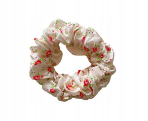Gumka Scrunchies Kremowa Małe Kwiaty Czerwone
