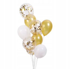 Balony 12 cali złote mix z konfetti 10 szt.