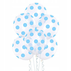 Balony bezbarwne w niebieskie kropki 10 szt. 12 cali