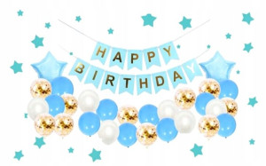 Balony Happy Bithday Zestaw konfetti BLUE + Banner