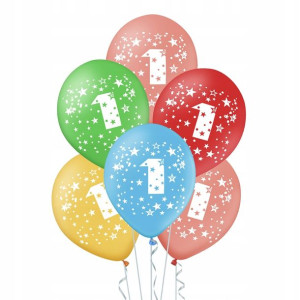 Balony kolorowe z cyfrą 1 urodzinowe mix kol 5 szt.