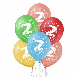 Balony kolorowe z cyfrą 2 urodzinowe mix kol 5 szt.