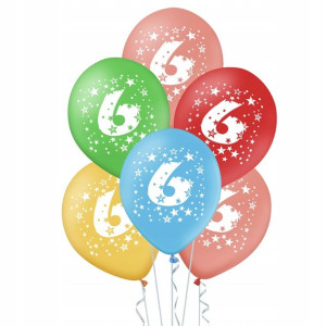 Balony kolorowe z cyfrą 6 urodzinowe mix kol 5 szt.