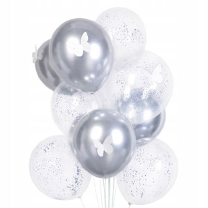 Balony motyle z kuleczkami srebrne 10 szt. 30 cm