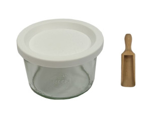 Zestaw Słoików 200 ml śr 80 mm 6 sztuk + Plastikowe wieka, miarka