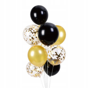 Balony złoto-czarne mix z konfetti 10 szt. 30 cm