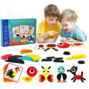 DREWNIANA UKŁADANKA LOGICZNA MONTESSORI PUZZLE Rybka Bocian Statek