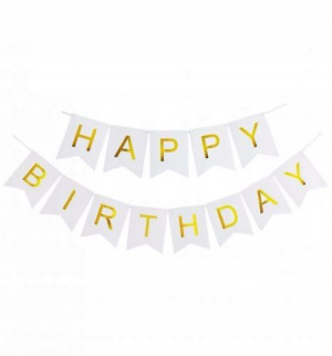Baner urodzinowy Happy Birthday biały złoty napis