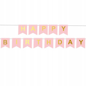 Baner urodzinowy Happy Birthday różowy złoty napis