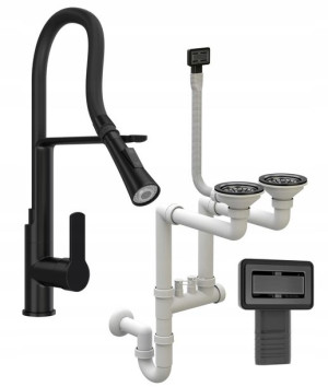 Syfon Prostokątny Czarny Manual 2kom + Kran Vegas