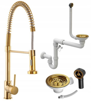 Złota Bateria Kuchenna Spiral + Syfon Złoty Manual