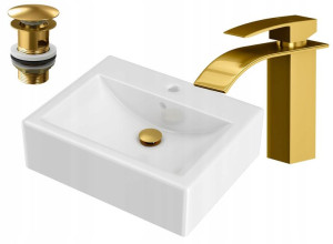 Umywalka Ceramiczna + Bateria + Korek Zestaw Złoty