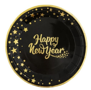Talerzyki sylwestrowe Happy New Year czarne 6 szt.