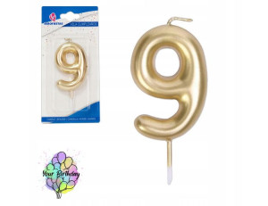 Świeczka Urodzinowa Cyfra Dziewięć 9 Złoto 10 Cm