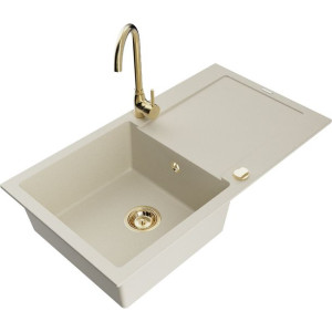 Mexen Leo zlewozmywak granitowy 1-komorowy z baterią kuchenną, beżowy