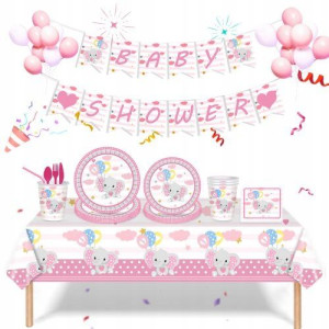 Zestaw na Baby Shower Słonik różowy na 8 ossób