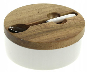 Cukiernica Z Łyżeczką Porcelanowa + Drewno