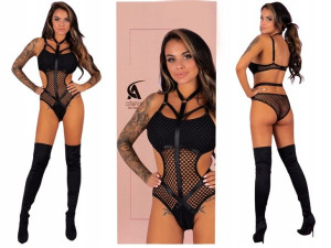 Sexy Body Z Siateczki Paski Czarne Bodysuit M