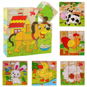 KLOCKI DREWNIANE edukacyjne puzzle układanka 6w1