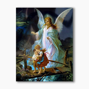 Nowoczesny obraz religijny plexi, Anioł Stróż z dziećmi na mostku