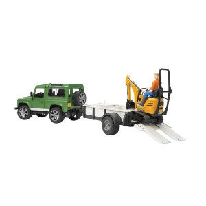 Samochód Land Rover z lawetą i minikoparką JCB 8010 CTS