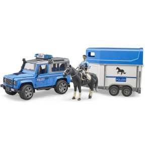 Policyjny Land Rover z przyczepą dla konia i figurką konia i policjanta