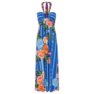 Bonprix Kolorowa Sukienka Maxi Kwiaty Paski Wiązana Na Szyi 48-50 932694