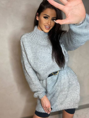 Luźna Sukienka Sweter z Golfem FLUFFY Szary Uniwersalny