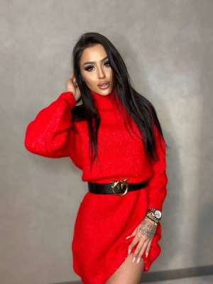 Luźna Sukienka Sweter z Golfem FLUFFY Czerwony Uniwersalny