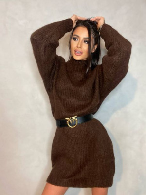 Luźna Sukienka Sweter z Golfem FLUFFY Brązowy Uniwersalny