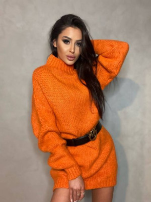 Luźna Sukienka Sweter z Golfem FLUFFY Pomarańczowy Uniwersalny