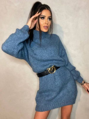 Luźna Sukienka Sweter z Golfem FLUFFY Indygo Uniwersalny