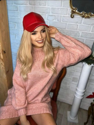 Luźna Sukienka Sweter z Golfem FLUFFY Pudrowy Róż Uniwersalny